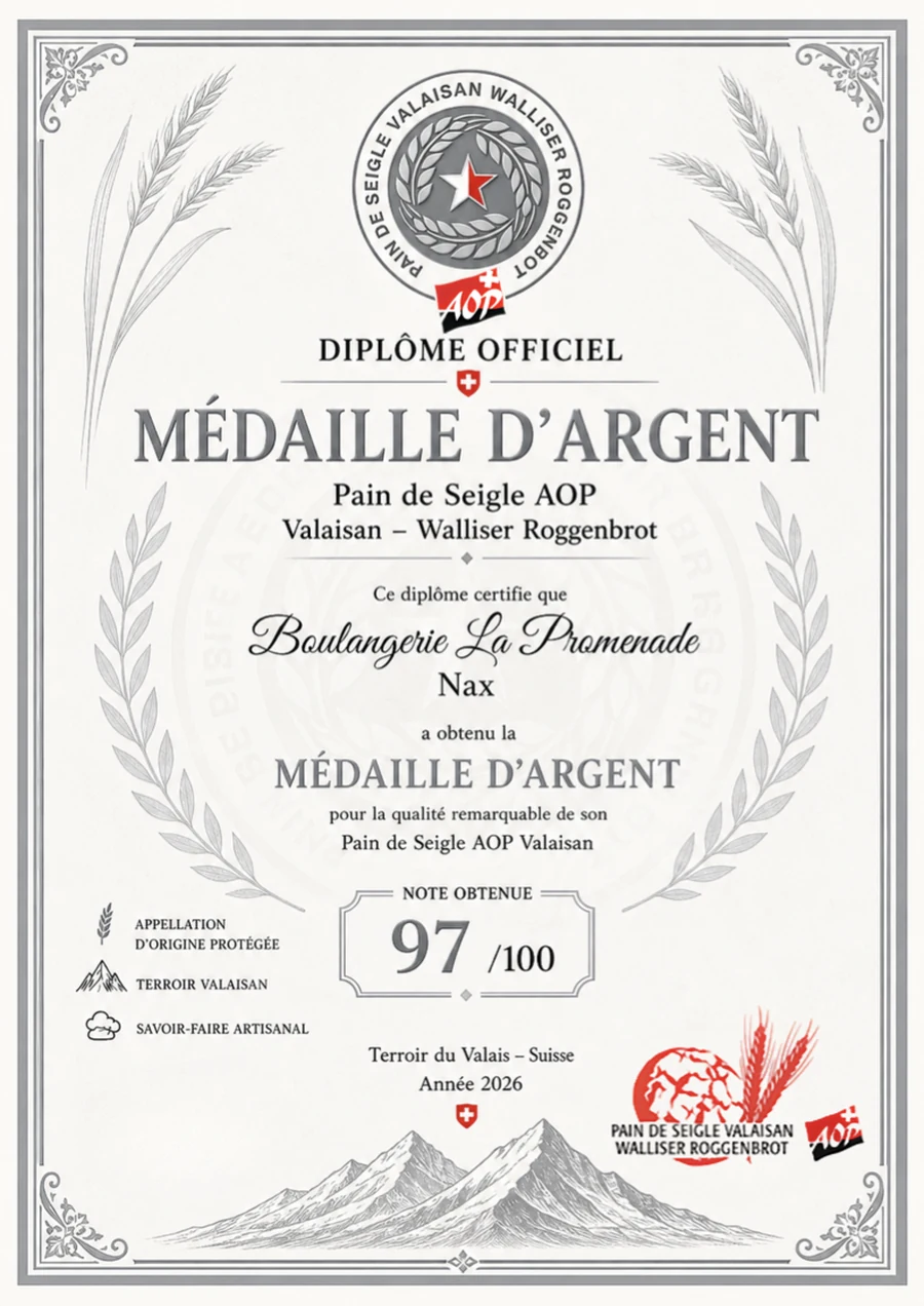 Diplôme officiel — Médaille d'argent 2026, Pain de Seigle AOP Valaisan, Boulangerie La Promenade, Nax, note 97/100